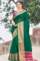 Embroidered Silk Saree in Dark Green with Blouse