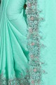 Georgette & Satin Saree in Sea Green with Embroidered
