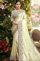 Embroidered Silk Saree in Light Yellow with Blouse