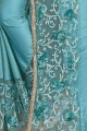 Georgette & Silk Saree in Sky Blue with Embroidered