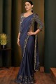 Navy Blue Net & Lycra Hand Saree with Blouse