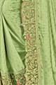 Georgette & Satin Saree in Green with Embroidered