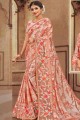 Saree in Light Peach Georgette & Satin with Embroidered