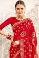 Art Silk Saree with Embroidered in Red