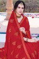 Stunning Red Chiffon Saree with Embroidered