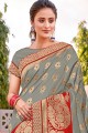 Contemporary Grey Saree with Embroidered Silk