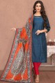 Chanderi Silk Churidar Suit in Blue with dupatta