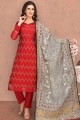 Red Churidar Suit in Chanderi Silk