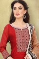 Straight Pant Suit in Red Silk with Chanderi