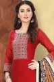 Straight Pant Suit in Red Silk with Chanderi