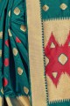 Saree in Teal Blue Cotton with Weaving