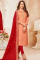 Light Orange Art Silk Churidar Suit in Art Silk