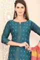 Straight Pant Suit in Teal Blue Silk with Chanderi