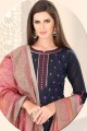 Silk Straight Pant Suit with Chanderi in Navy Blue