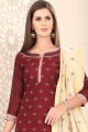 Silk Straight Pant Suit with Chanderi in Maroon
