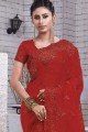 Exquisite Red Saree in Chiffon with Embroidered