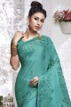 Turquoise Blue Saree in Embroidered Chiffon