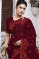 Embroidered Chiffon Saree in Maroon with Blouse