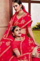 Chiffon Embroidered Crimson Red Saree with Blouse