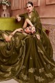 Embroidered Chiffon Saree in Olive Green with Blouse