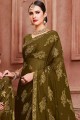 Embroidered Chiffon Saree in Olive Green with Blouse