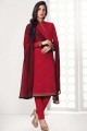 Straight Pant Suit in Red Georgette with Georgette