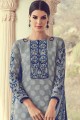 Grey Straight Pant Suit in Jacquard with Georgette