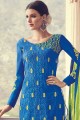 Georgette Jacquard Straight Pant Suit in Royal Blue