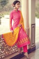 Jacquard Straight Pant Suit in Pink with Georgette