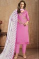 Cotton Straight Pant Suit in Pink with dupatta