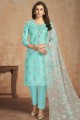 Turquoise Blue Cotton Straight Pant Straight Pant Suit in Cotton