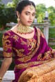 Bright Purple Satin & Silk Embroidered Party Wear Saree with Blouse