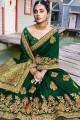 Embroidered Satin & Silk Saree in Dark Green
