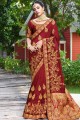 Satin & Silk Embroidered Maroon Party Wear Saree with Blouse