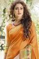 South Indian Saree in Orange Khadi & Silk with Weaving
