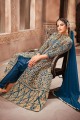 Blue Net Churidar Anarkali Suit in Net