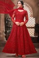 Net Straight Pant Anarkali Suit in Red Net