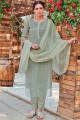 Cotton Straight Pant Suit in Dusty Green with dupatta