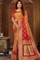 Orange South Indian Saree in Jacquard & Silk with Embroidered