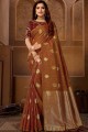 South Indian Saree in Brown Jacquard & Silk with Embroidered
