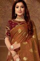 South Indian Saree in Brown Jacquard & Silk with Embroidered