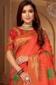 Jacquard & Silk Embroidered Orange South Indian Saree with Blouse