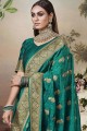 Saree in Teal Blue Banarasi raw Silk with Weaving