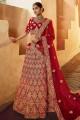 Red Lehenga Choli in Velvet with Embroidery