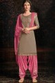 Sand Grey Cotton Patiala Suit in Satin