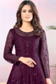 Wine Purple Net Churidar Anarkali Suit in Net