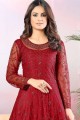 Net Churidar Anarkali Suit in Red Net