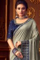 Grey Embroidered Silk Party Wear Saree