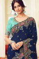 Embroidered Silk Party Wear Saree in Navy Blue with Blouse
