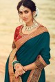 Jacquard & Silk Saree in Teal Blue with Embroidered
